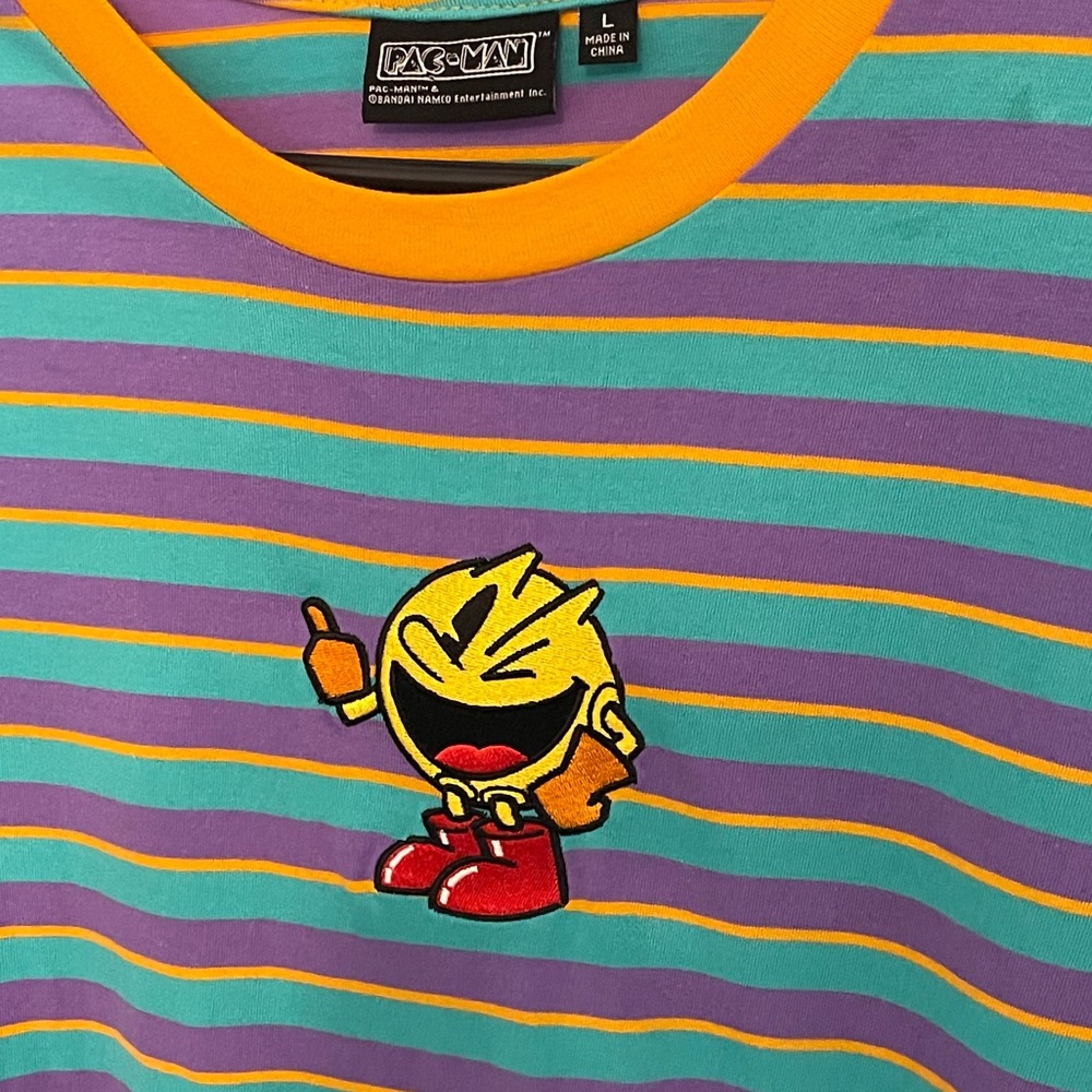 Vintage Pac-man Bright Striped T Shirt with Embroidered Pac Man Men Women’s